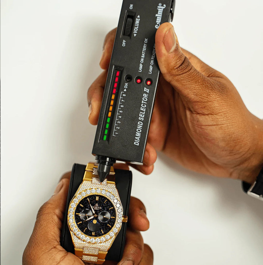 Iced transporter - Big diamond bezel - Half iced strap - from ASOROCK WATCHES  a black african american owned luxury unique watch brand with swiss rolex, Audemars Piguet, patek homage inspired style watches. Also a custom vvs moissanite diamond watch maker. 