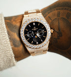 Iced transporter - Big diamond bezel - Half iced strap - from ASOROCK WATCHES  a black african american owned luxury unique watch brand with swiss rolex, Audemars Piguet, patek homage inspired style watches. Also a custom vvs moissanite diamond watch maker. 