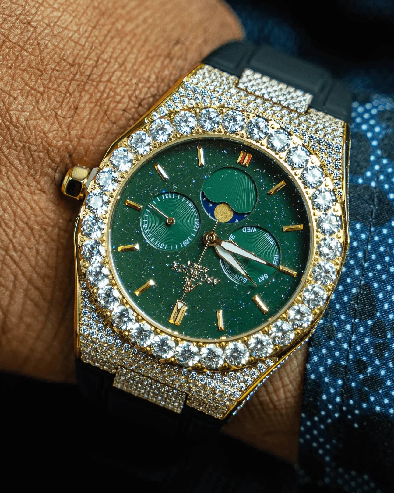 Iced transporter - Big diamond bezel - rubber strap - from ASOROCK WATCHES  a black african american owned luxury unique watch brand with swiss rolex, Audemars Piguet, patek homage inspired style watches. Also a custom vvs moissanite diamond watch maker. 