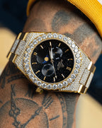 Iced transporter - Small diamond bezel - Half iced strap - from ASOROCK WATCHES  a black african american owned luxury unique watch brand with swiss rolex, Audemars Piguet, patek homage inspired style watches. Also a custom vvs moissanite diamond watch maker. 