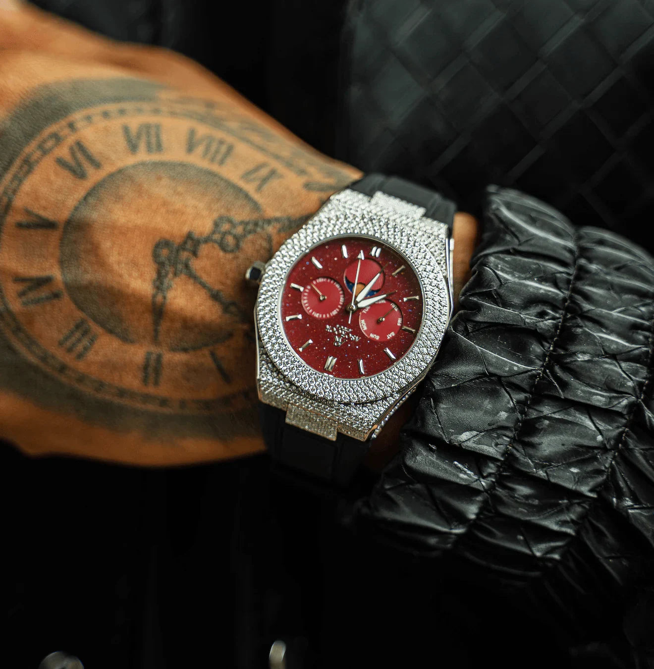 Iced transporter - small diamond bezel - rubber strap - from ASOROCK WATCHES  a black african american owned luxury unique watch brand with swiss rolex, Audemars Piguet, patek homage inspired style watches. Also a custom vvs moissanite diamond watch maker. 