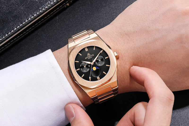 Rosegold/Black Transporter - from ASOROCK WATCHES  a black african american owned luxury unique watch brand with swiss rolex, Audemars Piguet, patek homage inspired style watches. Also a custom vvs moissanite diamond watch maker. 